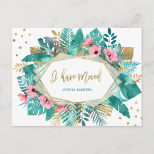 I Have Moved   Tropical Gold Leaves on White Postcard