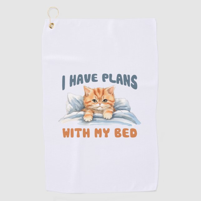I Have Plans with My Bed – Cosy Orange Cat Golf Towel (Front)