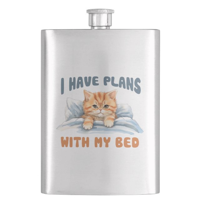 I Have Plans with My Bed – Cosy Orange Cat Hip Flask (Front)