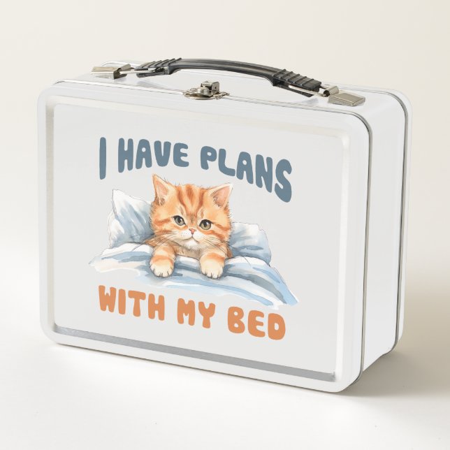 I Have Plans with My Bed – Cosy Orange Cat Metal Lunch Box (Front)