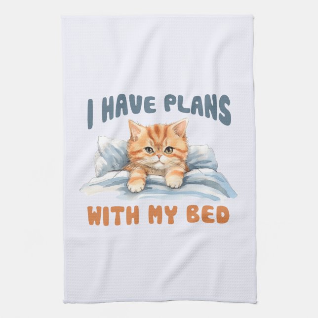 I Have Plans with My Bed – Cosy Orange Cat Tea Towel (Vertical)