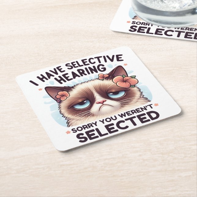 I Have Selective Hearing Funny Cat Lover Gift  Square Paper Coaster (Angled)