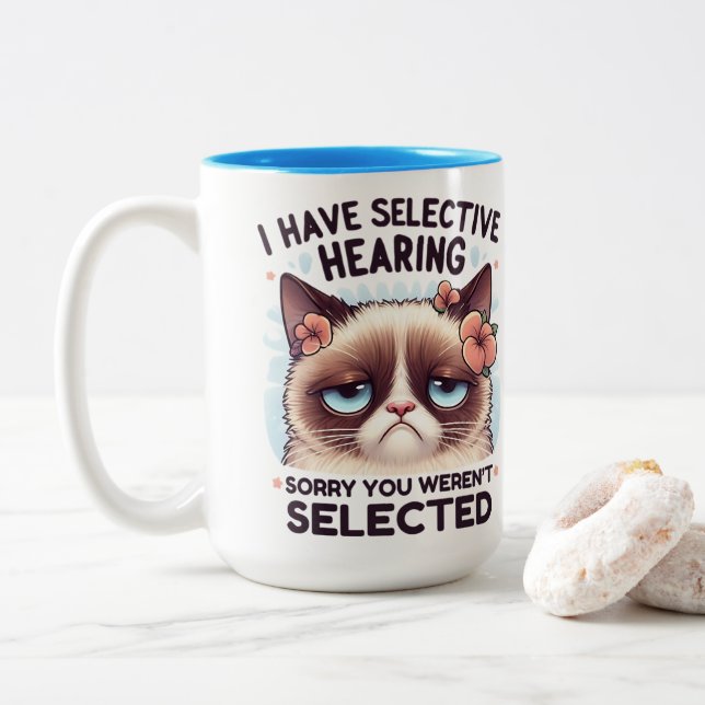 I Have Selective Hearing Funny Cat Lover Gift  Two-Tone Coffee Mug (With Donut)