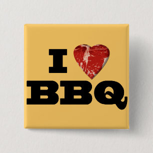 I heart BBQ, Steak Heart Shape Funny Grilling 15 Cm Square Badge