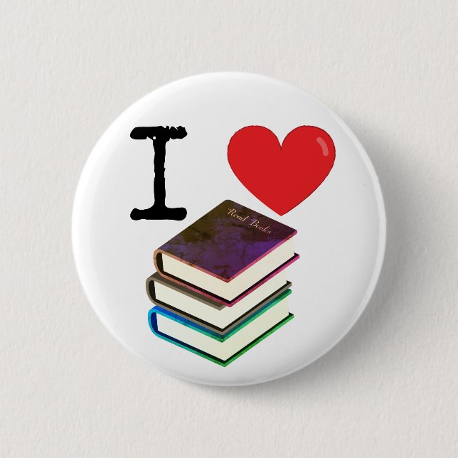 I [heart] [books], book lover's 6 cm round badge (Front)