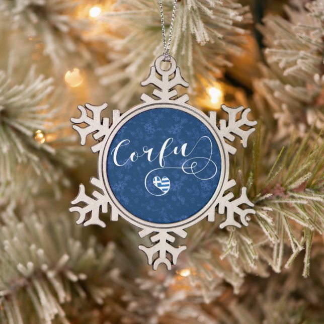 I Heart Corfu, Greek Flag, Kerkyra Snowflake Pewter Christmas Ornament (Tree)