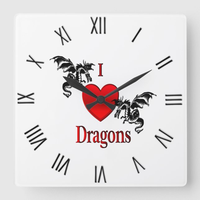 I Heart Dragons Black Roman Numerals Square Wall Clock (Front)