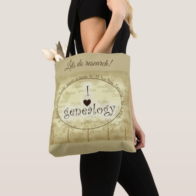I "heart" Genealogy Sepia Tones with Trees Tote Bag (Close Up)