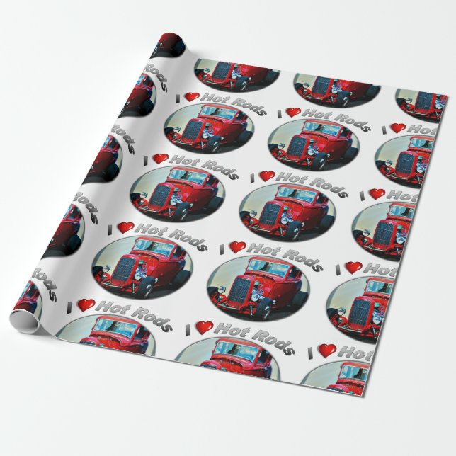 I Heart Hot Rods - Matte Wrapping Paper, 30" x 6' Wrapping Paper (Unrolled)