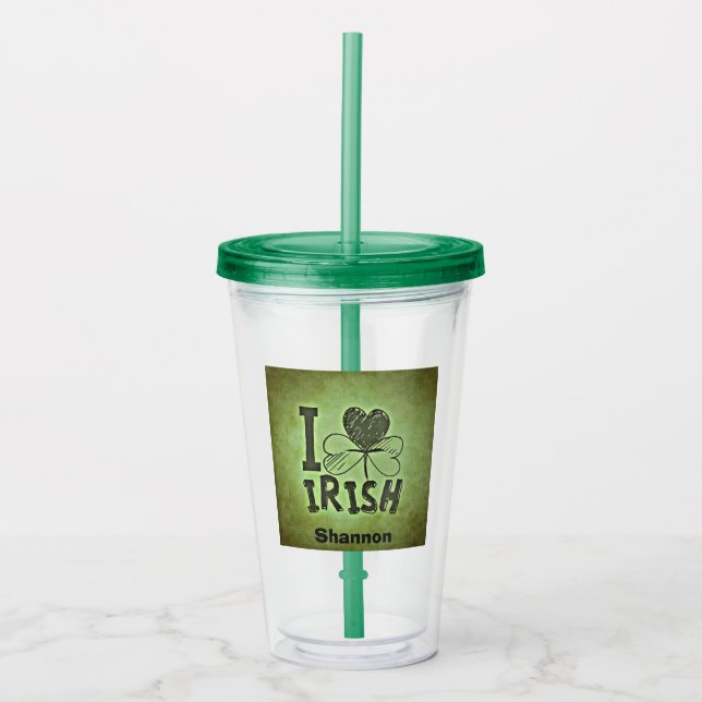 I Heart Irish Shamrock Name Monogram Initials Acrylic Tumbler (Front)