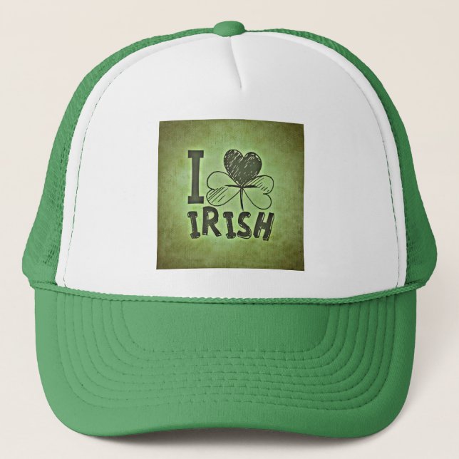 I Heart Irish Shamrock St. Patrick's Day Trucker Hat (Front)