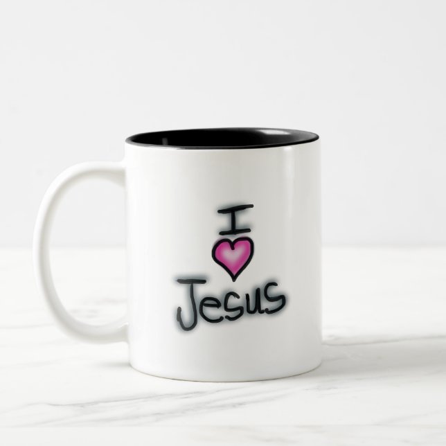 I heart Jesus I love Jesus with Pink Heart  Two-Tone Coffee Mug (Left)