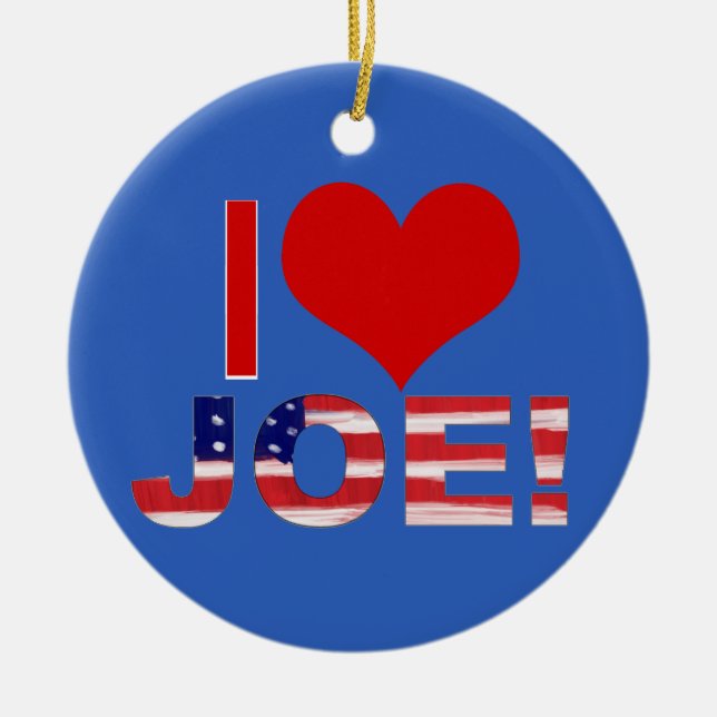I Heart JOE! On Blue With Flag Ceramic Tree Decoration (Front)