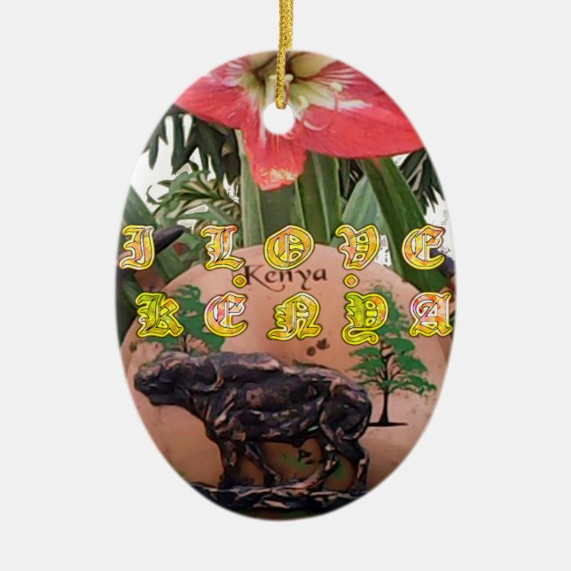 I (Heart) Kenya Buffalo Patch/Print Ceramic Tree Decoration (Front)