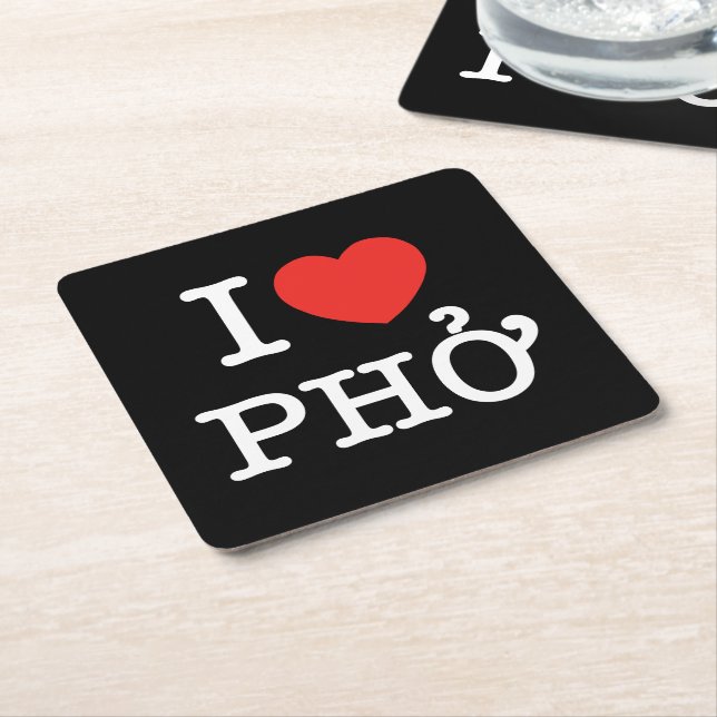 I Heart (Love) Pho Square Paper Coaster (Angled)