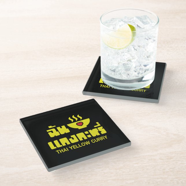 I Heart (Love) Thai Yellow Curry Glass Coaster (Angled)