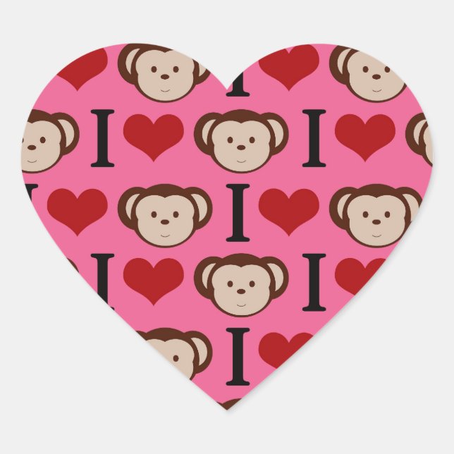 I Heart Monkey Pink I Love Monkeys Valentines Heart Sticker (Front)