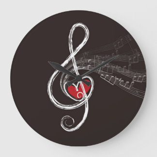 I HEART MUSIC Treble Clef Black Large Clock