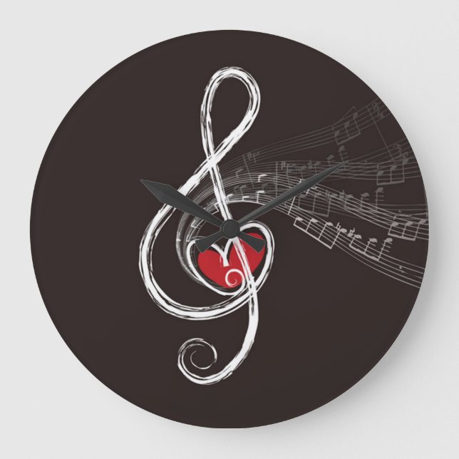 I HEART MUSIC Treble Clef Black Large Clock (Front)