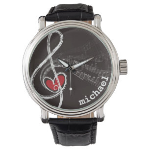 I HEART MUSIC Treble Clef Black Personalised Watch