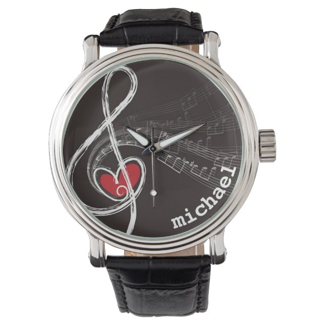 I HEART MUSIC Treble Clef Black Personalised Watch (Front)
