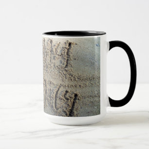 I heart my family, sand writing beach love quote mug