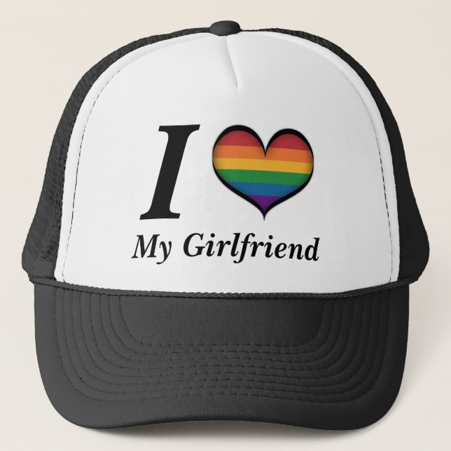 I Heart My Girlfriend Lesbian Pride Typography Trucker Hat (Front)