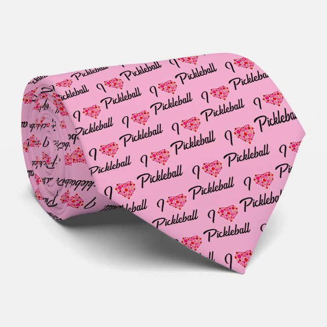 I Heart Pickleball Pink Red Pickleballs on Pink Tie (Rolled)