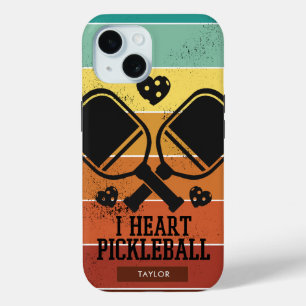 I Heart Pickleball Retro Stripes Monogram Name iPhone 15 Case