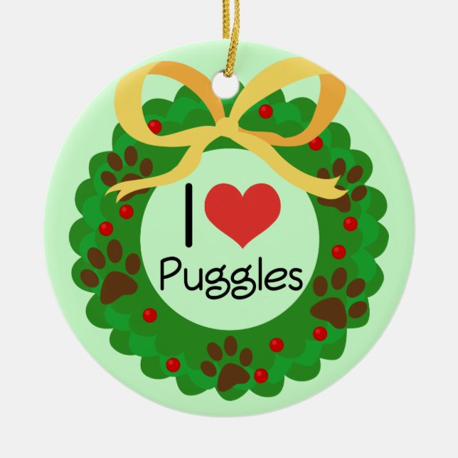 I Heart Puggles Christmas Gift Idea Ceramic Tree Decoration (Front)
