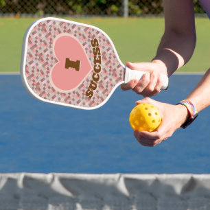 I Heart Success Chequered Pattern Coral Pink Brown Pickleball Paddle