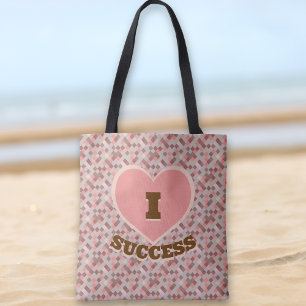 I Heart Success Chequered Pattern Coral Pink Brown Tote Bag