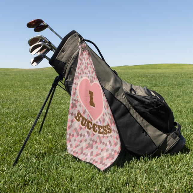 I Heart Success Coral Brown Pink Chequered Pattern Golf Towel (Green)