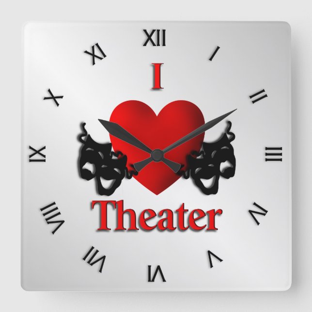 I Heart Theatre Roman Numerals Square Wall Clock (Front)