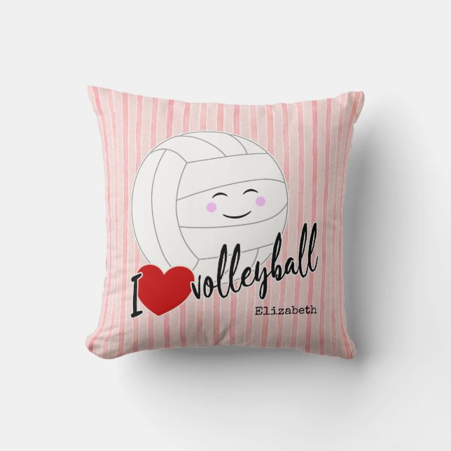 I heart volleyball happy kawaii girly pink stripes cushion (Front)