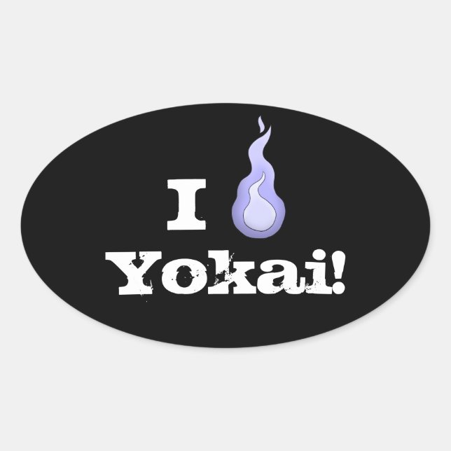 I Heart Yokai! Blue Fireball Spirit Oval Sticker (Front)
