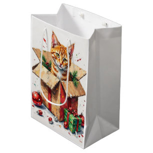 I Help Unpack! Funny Cat in Christmas Shipping Box Medium Gift Bag