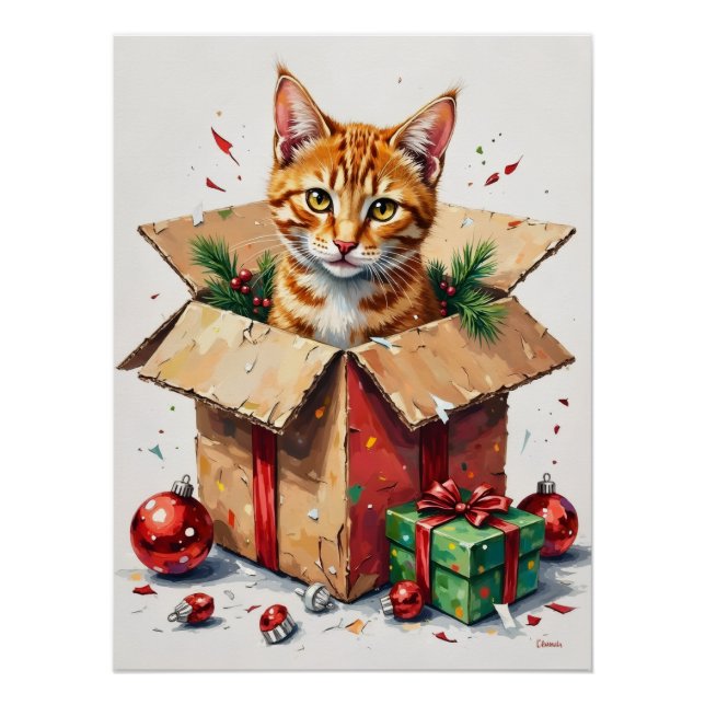 I Help Unpack! Funny Cat in Christmas Shipping Box Poster (Front)