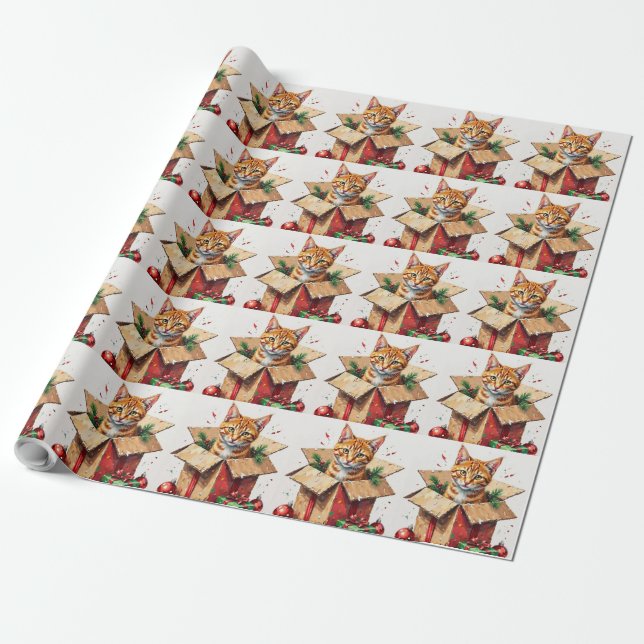I Help Unpack! Funny Cat in Christmas Shipping Box Wrapping Paper (Unrolled)