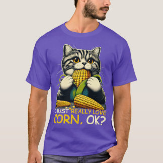 I Just Really Love Corn Funny Cat Biting Corn on t T-Shirt