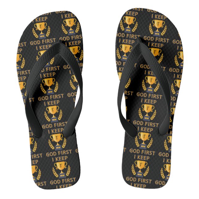 I Keep God First Faith Based Black All-Over Unisex Flip Flops (Footbed)