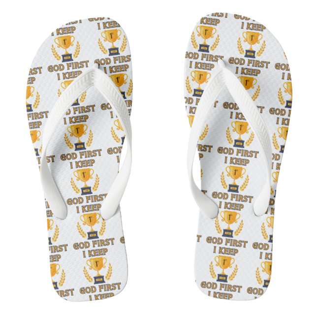 I Keep God First Faith Based White All-Over Unisex Flip Flops (Footbed)