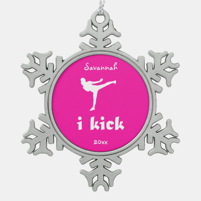 'i kick' kickboxing on bright pink with name snowflake pewter christmas ornament (Front)