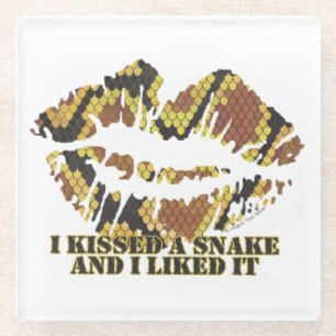 I Kissed a Snake Brown and Gold Print Glass Coaster