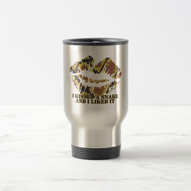 I Kissed a Snake Brown and Gold Print Travel Mug (Center)