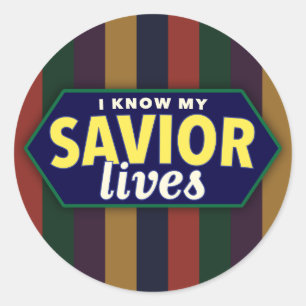 I know my Saviour lives. Striped LDS stickers. Classic Round Sticker