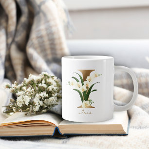 I Letter Gold Monogram   White Floral Orchids Large Coffee Mug