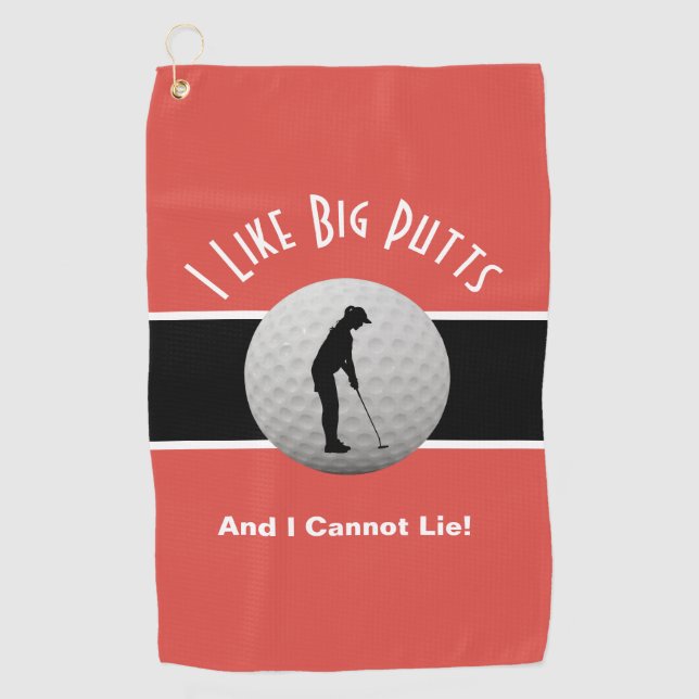 I Like Big Putts Golf Humour Fun Black Red For Her Golf Towel (Front)
