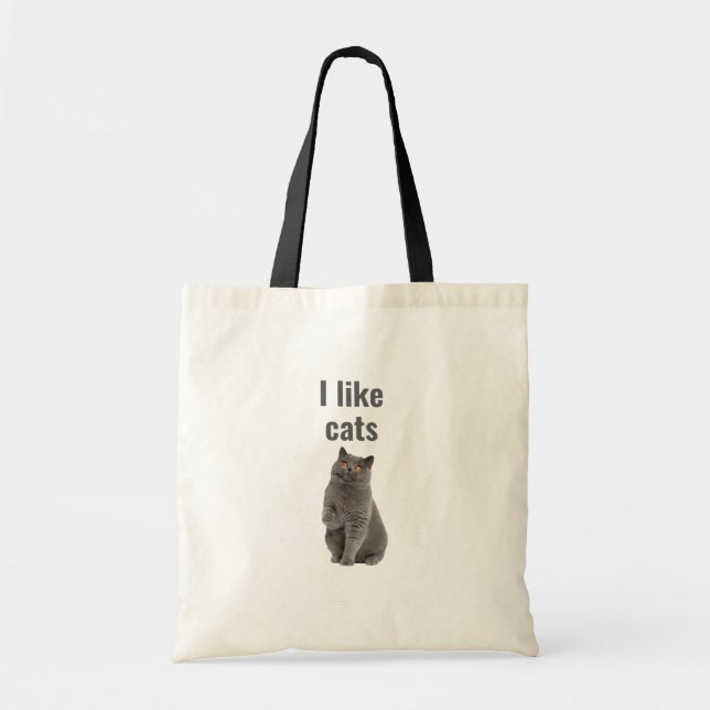 I Like Cats – Cute Gray Cat Illustration Design Tote Bag (Front)