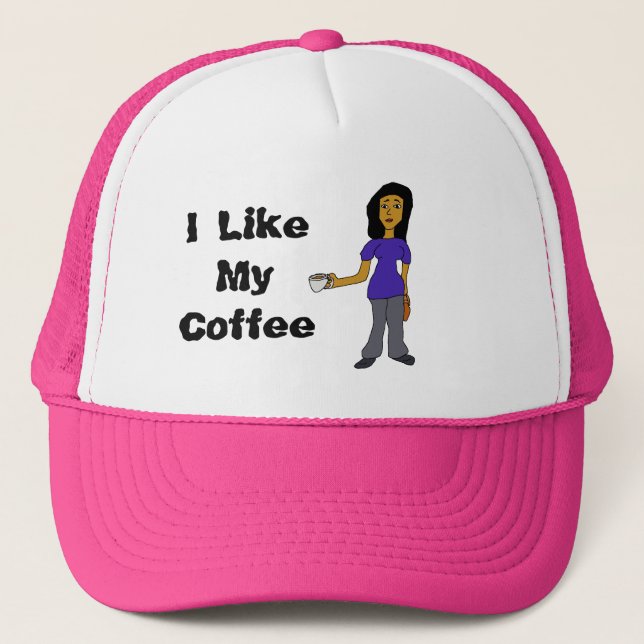 I Like My Coffee Latina Female Cartoon Trucker Hat (Front)